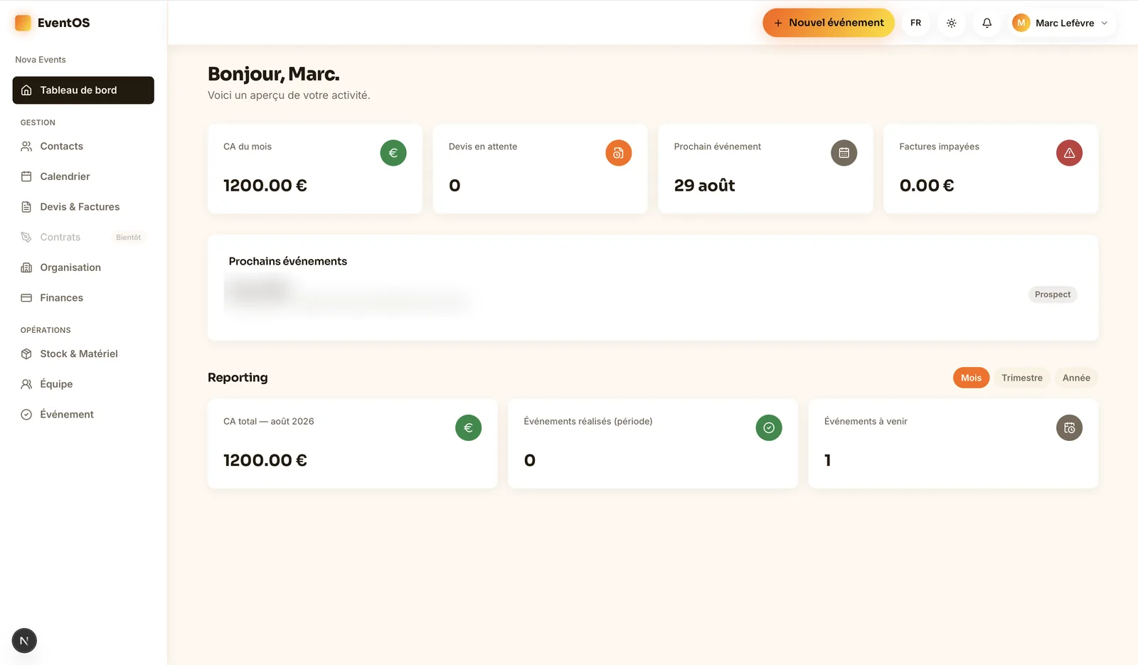 Tableau de bord HalgarOS : chiffre d'affaires, devis en attente, prochains événements et reporting